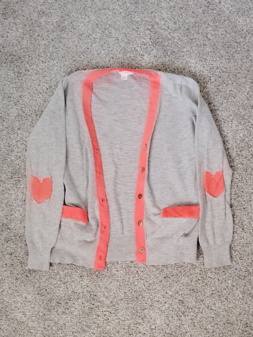 Crewcuts Light Gray Cardigan with Coral Trim and Heart Elbow Patches